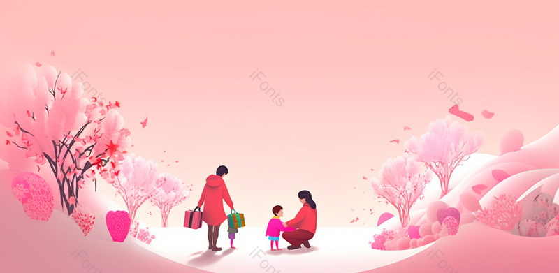 雪地里的母女粉色插画温情时刻母亲节活动展板背景,插画/手绘图,插画/手绘图库,插画/手绘图下载,插画/手绘